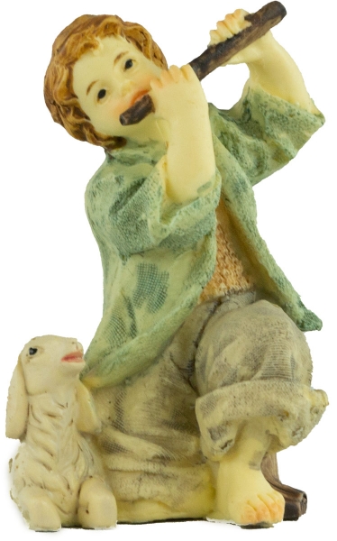 Handbemalte Krippenfigur Flötenspieler mit einem Schaf, ca. 7 cm, K 507-23