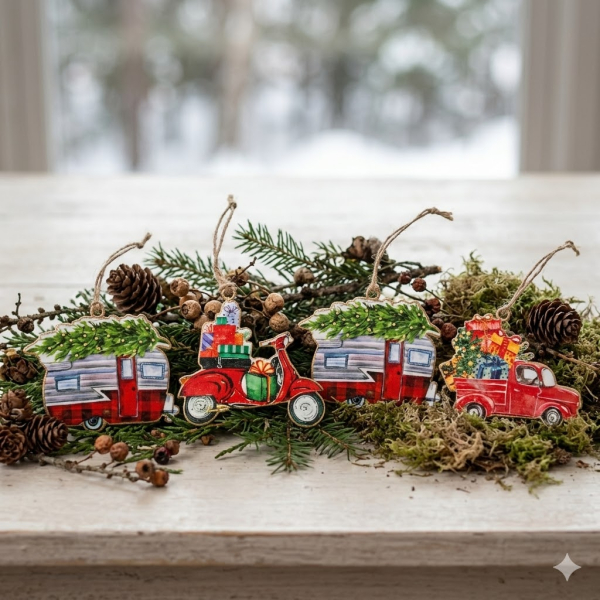 Weihnachten auf vier Rädern – 4er-Set festliche Fahrzeug-Anhänger