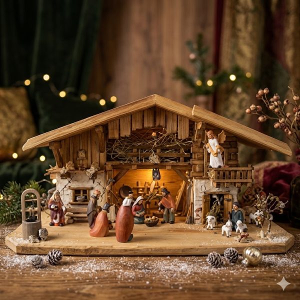 Festliche Weihnachtskrippe Aicha inkl. 15 tlg. Figurensatz ETA 2 - Maße Krippe ca. 69 x 29 x 34 cm