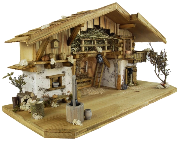 Festliche Weihnachtskrippe Aicha inkl. - 17 tlg. - Figurensatz ETA 1  - Maße Krippe ca. 69 x 29 x 34 cm