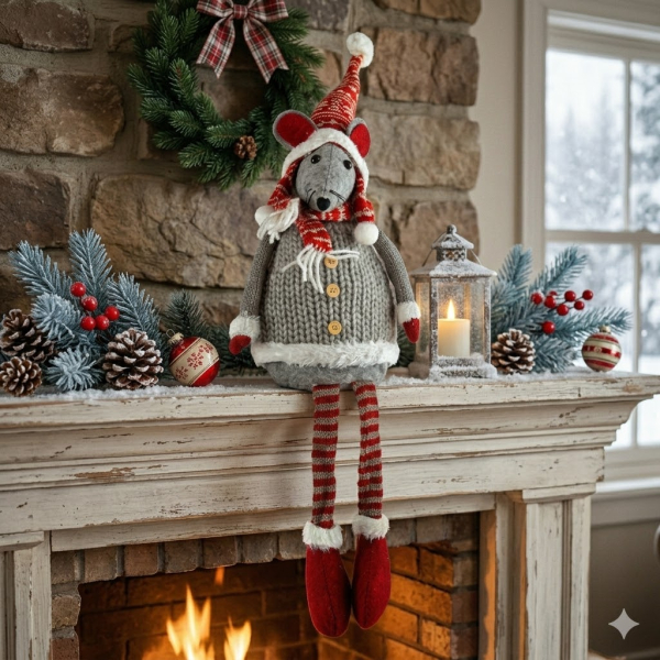 Winterliche Maus Albert grau ca. 40 cm - Weihnachtsdekoration