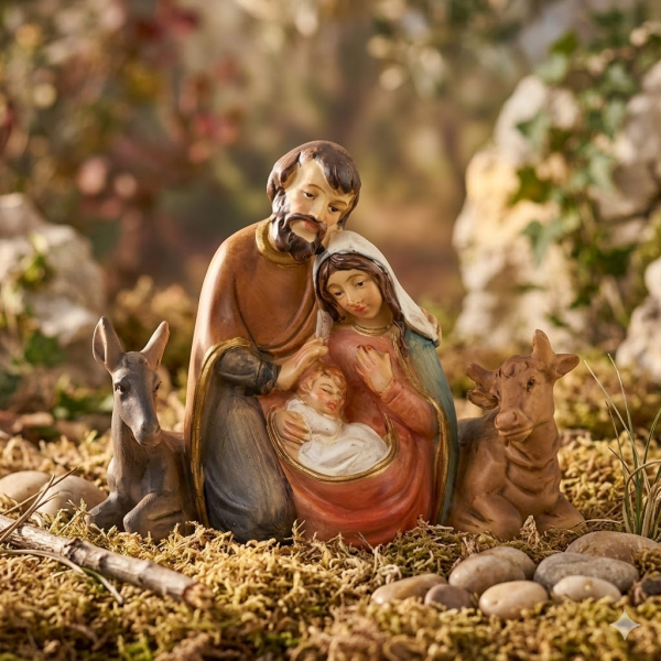 Krippenfigur Heilige Familie mit Ochse und Esel, ca. 9 cm, 74197