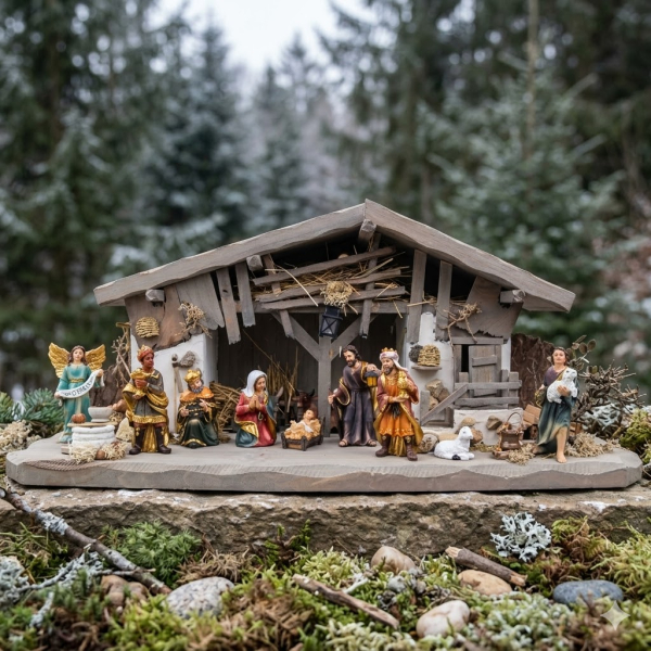 Stilvolle Weihnachtskrippe Breitenbrunn inkl. 11-tlg. Figurensatz K 604, Maße Krippe: ca. 60 x 23 x 26 cm