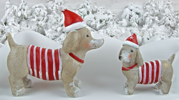 2er-Set in Grau - Dekofiguren Hunde im Weihnachts-Outfit