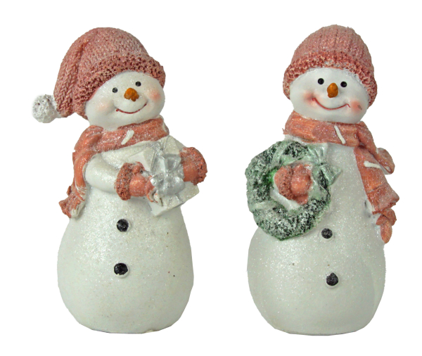 4er-Set dekorative Schneemänner mit rosa Strickoptik-Mützen und Schals – winterliche Weihnachtsdeko
