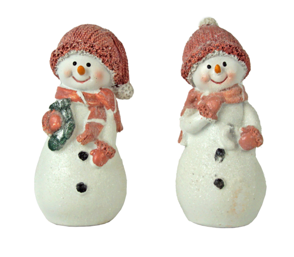 4er-Set dekorative Schneemänner mit rosa Strickoptik-Mützen und Schals – winterliche Weihnachtsdeko