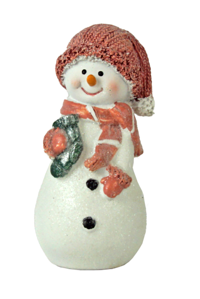 4er-Set dekorative Schneemänner mit rosa Strickoptik-Mützen und Schals – winterliche Weihnachtsdeko