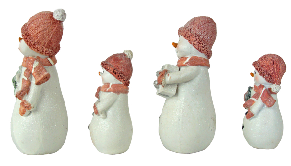 4er-Set dekorative Schneemänner mit rosa Strickoptik-Mützen und Schals – winterliche Weihnachtsdeko