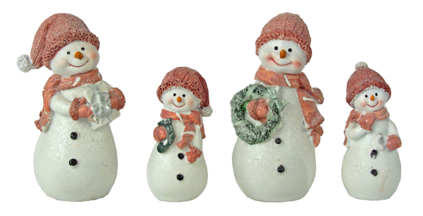 4er-Set dekorative Schneemänner mit rosa Strickoptik-Mützen und Schals – winterliche Weihnachtsdeko