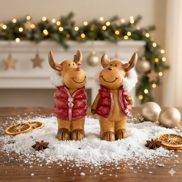 2er Set Bezaubernde Elche mit Weste ca. 14 cm - Weihnachtsdekoration