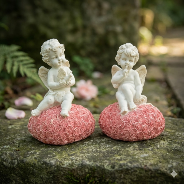 2er Set Süße Engel auf Rosenkissen ca. 16 cm - Dekoration