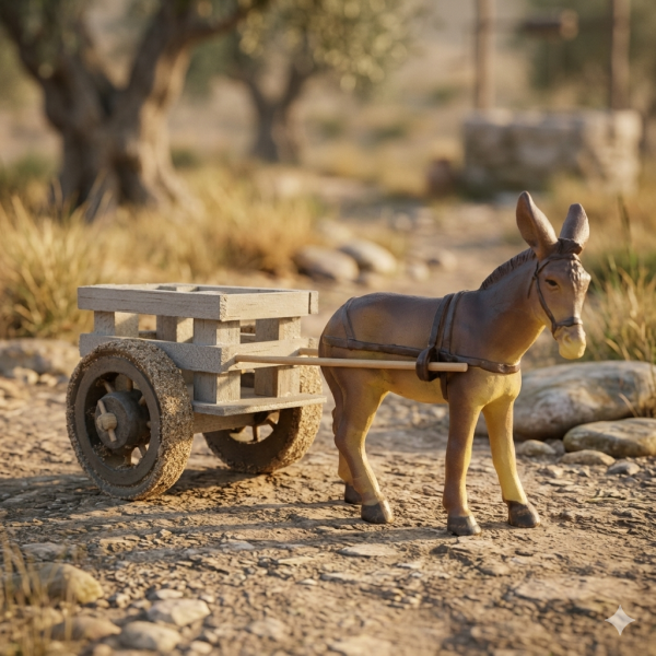 Handbemalte Krippenfigur Esel mit Karren, ca. 9,5 cm, T 137-1