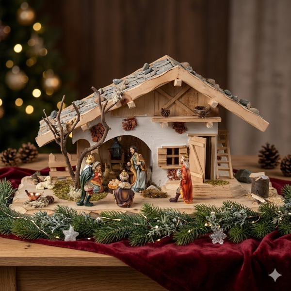 Wunderschöne Weihnachtskrippe Etzelwang inkl. 11- tlg. Figurensatz K132 Maße: ca. 45 x 20 x 22 cm