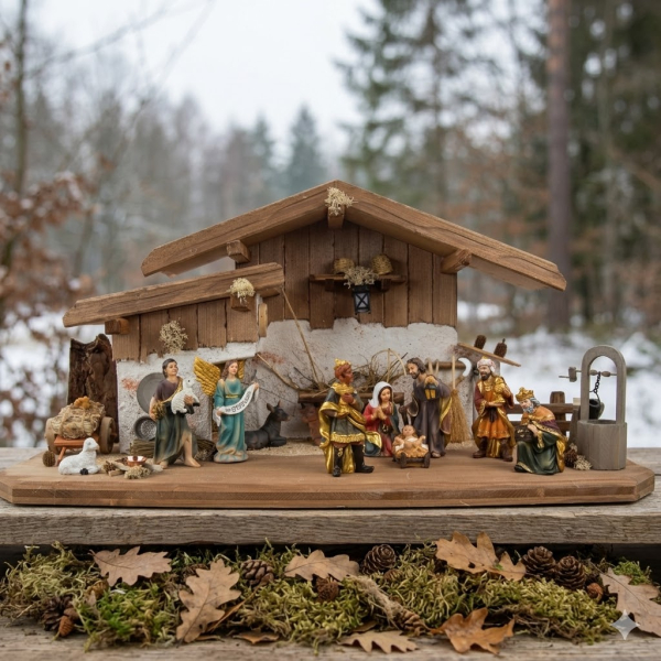 Bezaubernde Weihnachtskrippe Hartmannshof inkl. 11-tlg. Figurensatz K 604, Maße Krippe: ca. 60 x 24 x 30 cm
