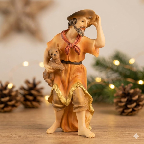 Handbemalte Krippenfigur Hirte mit einem Hund, ca. 10 cm, K 909-11