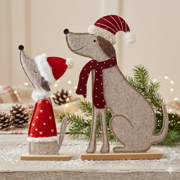 Weihnachtsdeko Hundepaar – Filzfiguren mit Santa-Outfits