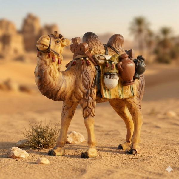 Handbemalte Krippenfigur Kamel mit Gepäck, ca. 11,5 cm, T 001-16