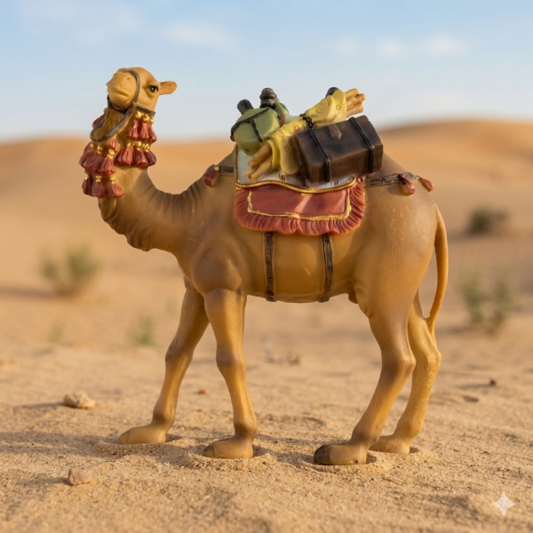 Handbemalte Krippenfigur Kamel mit Gepäck, ca. 14 cm, T 080