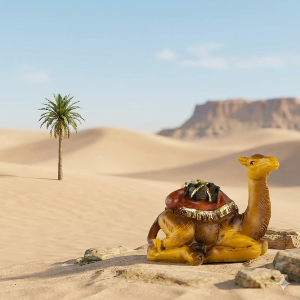 Handbemalte Krippenfigur Kamel mit Gepäck liegend, ca. 7 cm, K 134-14