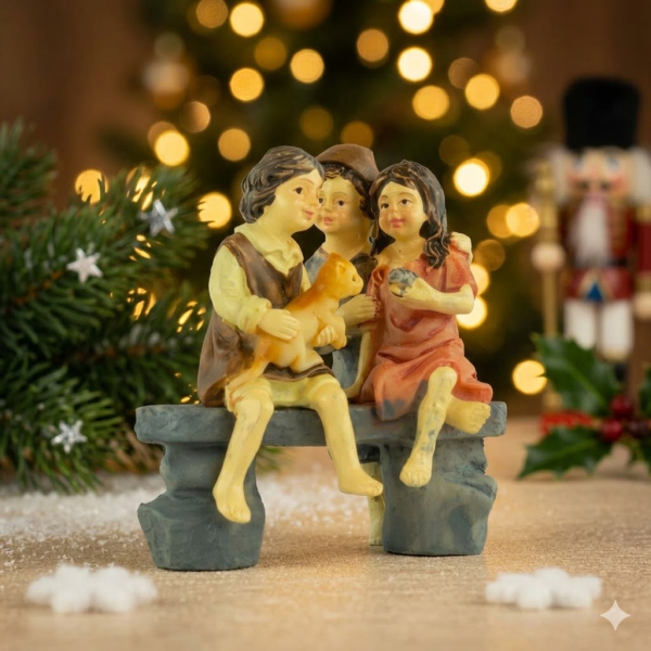Handbemalte Krippenfigur Kinder auf einer Bank, ca. 7 cm, K 134-3