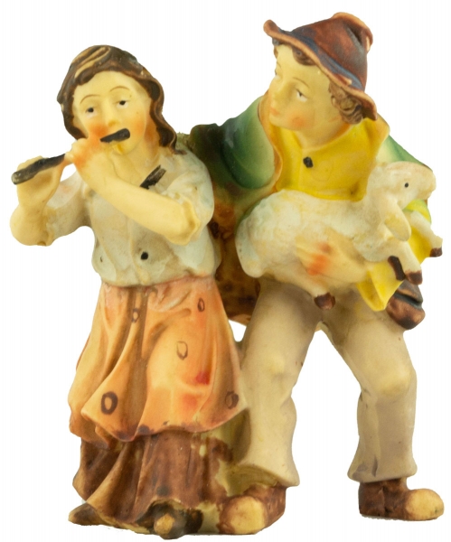 Handbemalte Krippenfigur Kinderpaar mit einem Lamm, ca. 8 cm, K 001-23