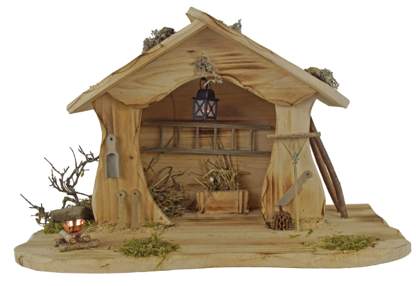 Preview: Handgefertigte Weihnachtskrippe Egensbach inkl. 4-tlg. Figurensatz 72740, Maße Krippe: ca. 37,5 x 19 x 24 cm
