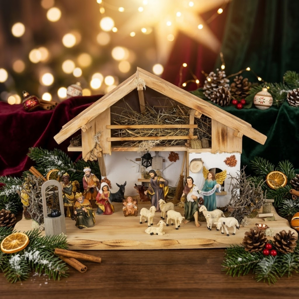 Traditionelle Weihnachtskrippe Hersbruck inkl. 17-tlg. Figurensatz K 604-S, Maße Krippe: ca. 66 x 30 x 32 cm