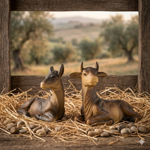 Handbemalte Krippenfiguren Ochse und Esel 2-tlg., ca. 6,5 cm, T 130-02