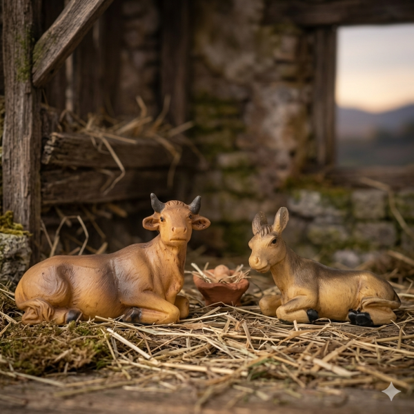 Handbemalte Krippenfiguren Ochse und Esel 2-tlg., ca. 3,5 cm, K 181-03