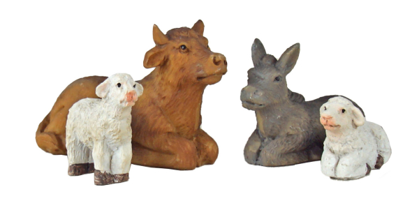 Erlesenes Krippenfiguren-Set 75012– Die Heilige Familie mit Ochse, Esel und Schafen