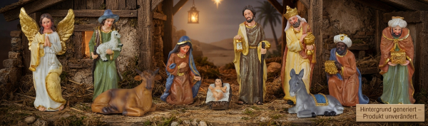 Liebevoll gestaltete Krippenfiguren  7926 – komplette Weihnachtskrippe mit Maria, Josef, Jesuskind und den Heiligen Drei Königen