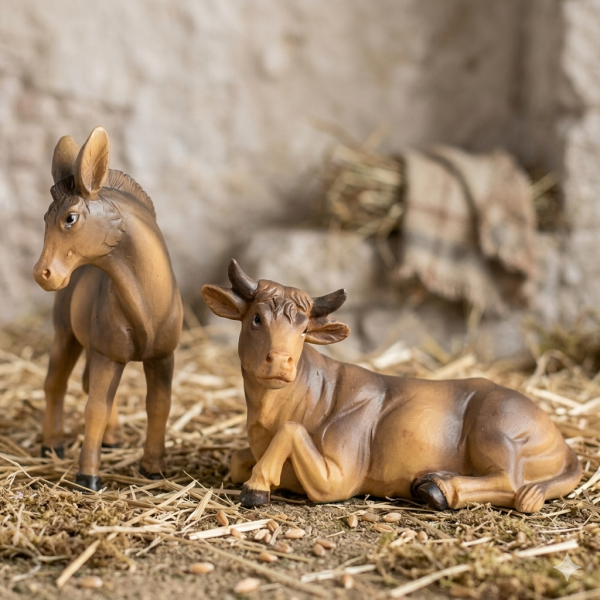 Handbemalte Krippenfiguren Ochse und Esel 2-tlg., ca. 9 cm, K 001-03