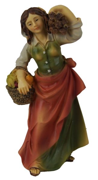 Preview: Handbemalte Krippenfigur „Marktfrau mit Gemüsekorb & Holz“ –K131-10