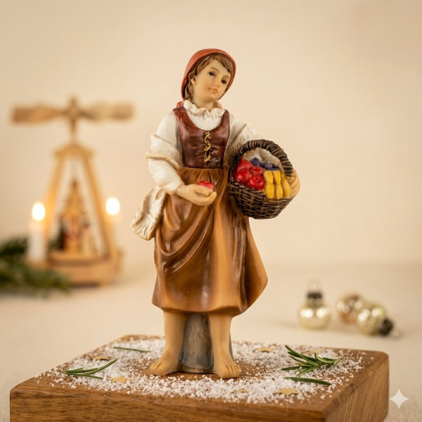 Handbemalte Krippenfigur Magd mit Obstkorb, ca. 11 cm, K 942-11