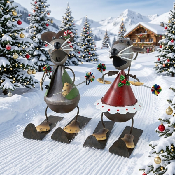 2er Set Bezaubernde Mäuse auf Skiern ca. 12 cm - Weihnachtsdekoration