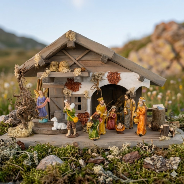 Festliche Weihnachtskrippe Moorsbrunn inkl. 12-tlg. Figurensatz F 650-7, Maße Krippe: ca. 40 x 20 x 22 cm