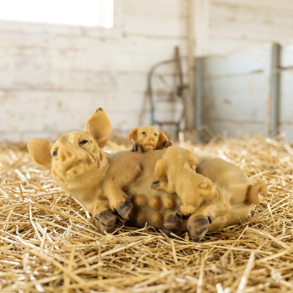 Handbemalte Krippenfigur Mutterschwein mit Ferkel, ca. 3 cm, T118
