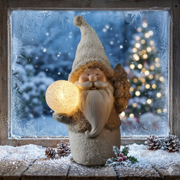 ✨ Weiß-Hellbrauner Nikolaus mit LED-Kugel und Tannenbaum ✨