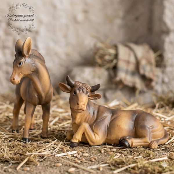 Handbemalte Krippenfiguren Ochse und Esel 2-tlg., ca. 9 cm, K 001-03