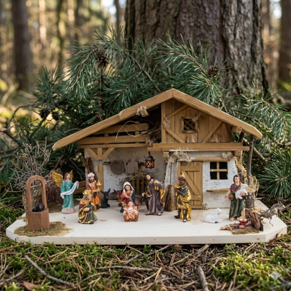 Wunderschöne Weihnachtskrippe Olbernhau inkl. 11-tlg. Figurensatz K 604, Maße Krippe: ca. 60m x 30 x 30 cm