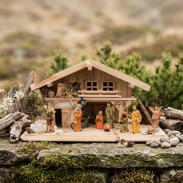 Traditionelle Weihnachtskrippe Roth inkl. 12-tlg. Figurensatz K 650-9, Maße Krippe: ca. 50 x 20 x 26 cm