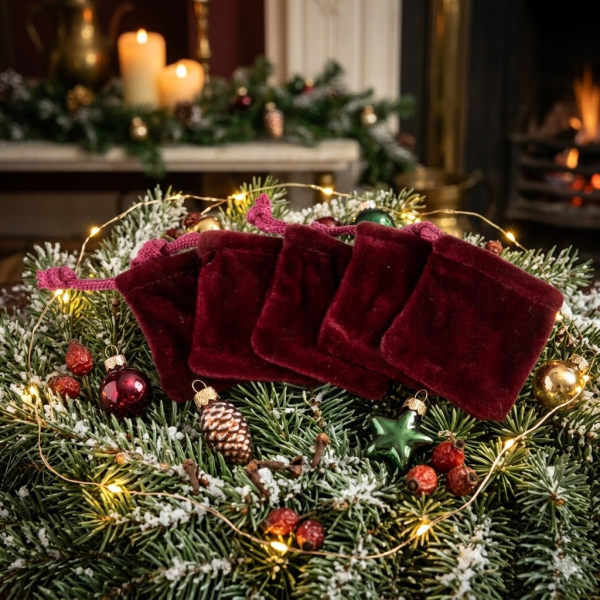 5er Set Elde Samtbeutel rot ca. 6 x 5 cm - Weihnachtsdekoration