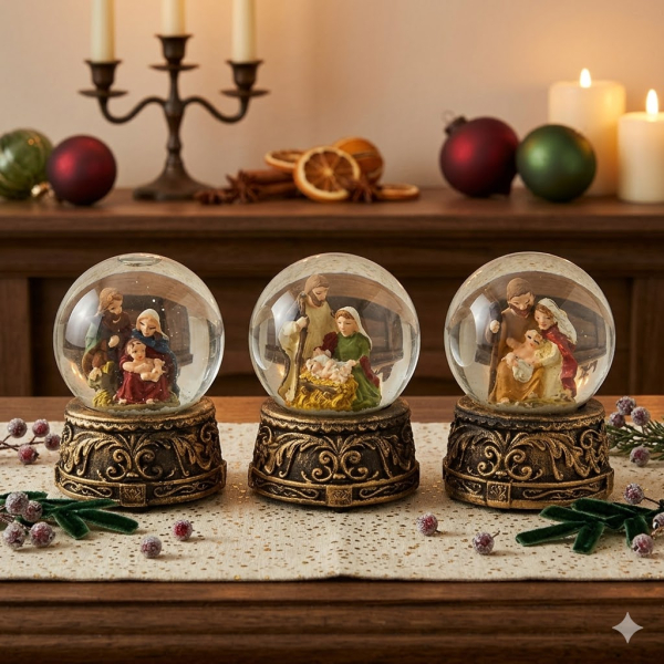 3er Set Stimmungsvolle Schneekugeln Heilige Familie klein ca. 6 cm - Dekoration