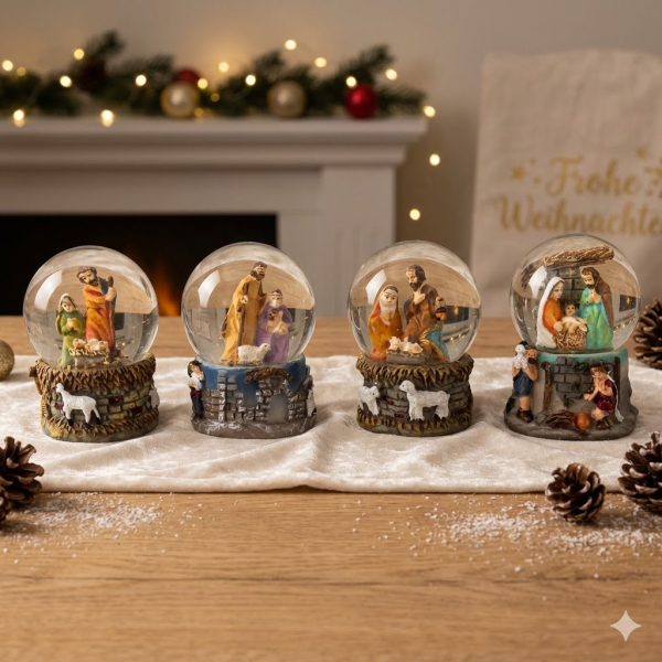 4er Set Stimmungsvolle Schneekugeln heilige Famile ca. 6 cm - Dekoration