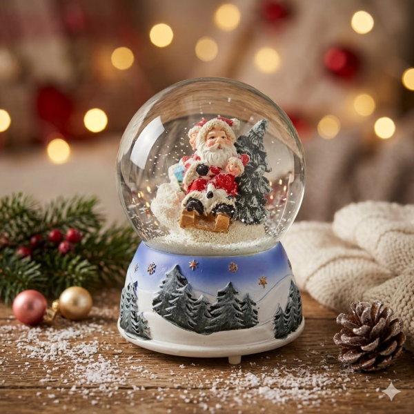 Wundervolle Schneekugel mit Spieluhr Nikolaus auf Schlitten ca. 14 cm - Dekoration