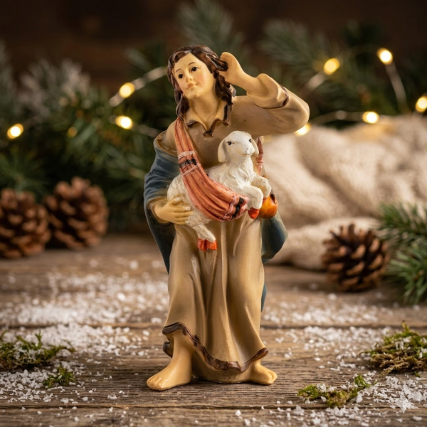 Handbemalte Krippenfigur Schäfer mit einem Lamm, ca. 10 cm, K 001-26