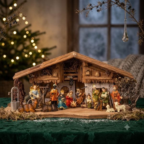 Detaillierte Weihnachtskrippe Thun inkl. 17-tlg. Figurensatz ETA 1, Maße Krippe: ca. 70 x 30 x 29 cm