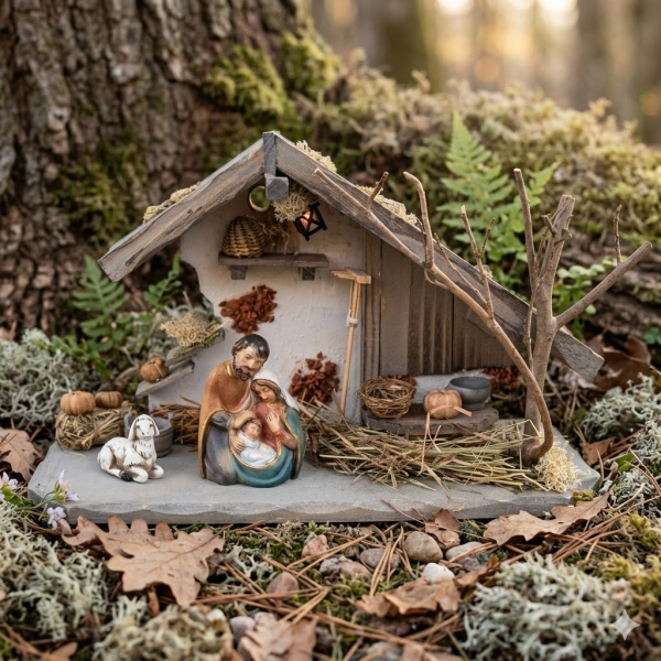 Traditionelle Weihnachtskrippe Treuf inkl. Heilige Familie 098 und einem Schaf, Maße Krippe: ca. 30 x 11 x 18 cm