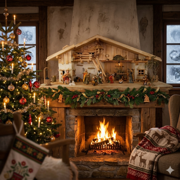 Stimmungsvolle, handgefertigte Weihnachtskrippe Gotthard aus Holz hell inkl. 12-tlg. handbemaltem Figurensatz K 001,    Maße Krippe: ca. 90 x 40 x 40 cm