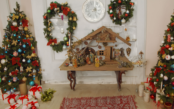 Festliche Weihnachtskrippe Basel inkl. 12-tlg. Figurensatz K 650-9, Maße Krippe: ca. 55 x 20 x 28 cm